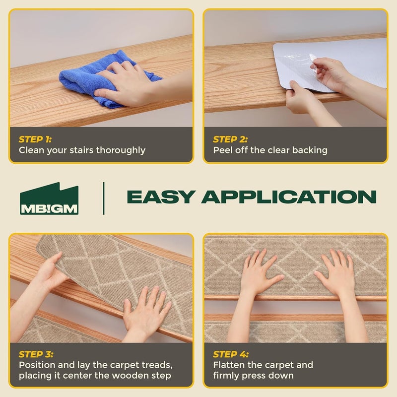 MBIGM 8" X 30" (15 in Pack) Non-Slip Carpet Stair Treads Non-Skid Safety Rug Slip Resistant Indoor Runner for Kids Elders & Pets with Reusable Adhesive - Cornstalk Diamond Weave - Image 3
